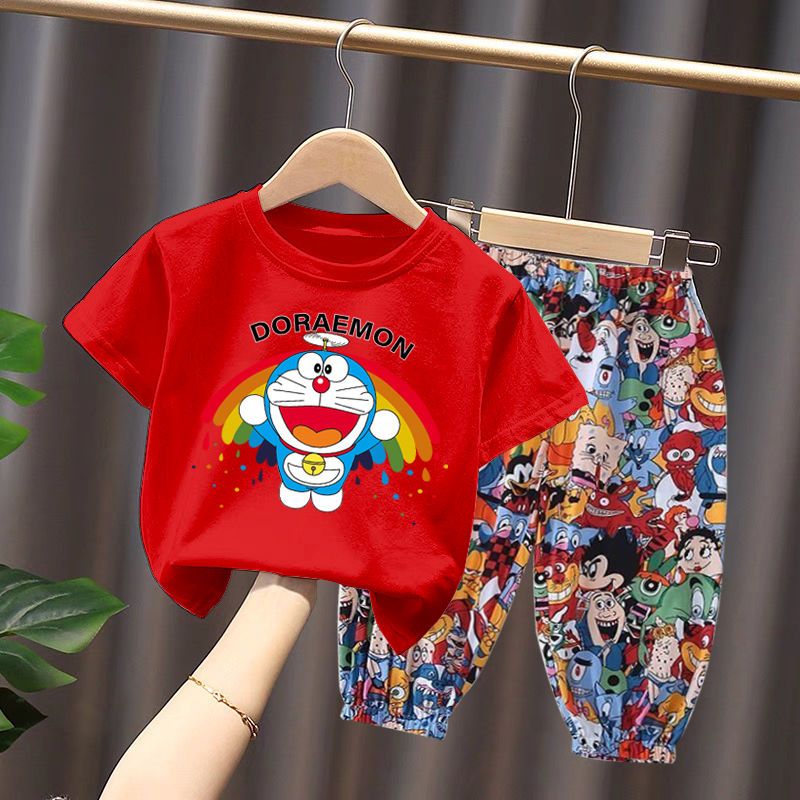 Single piece/set children's Korean style loose short-sleeved T-shirt two-piece set boys and girls foreign style casual anti-mosquito pants