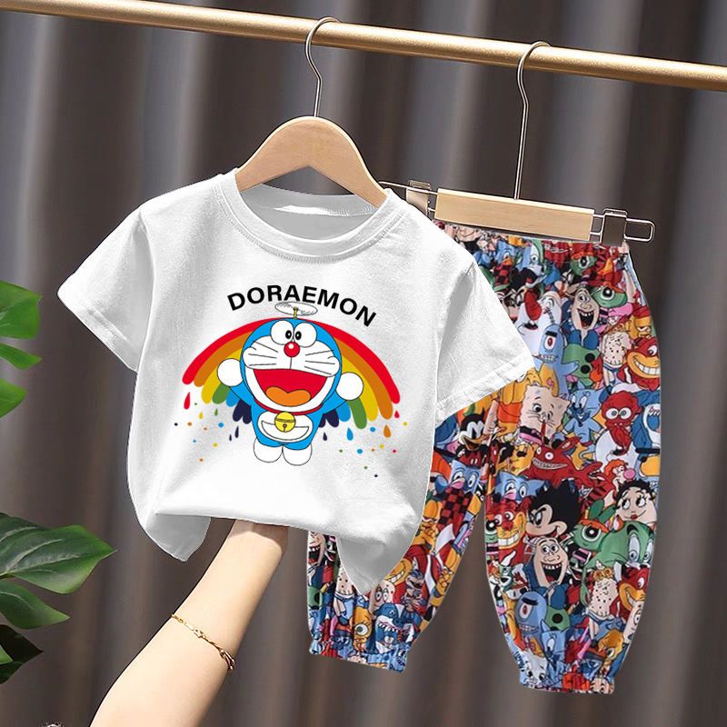 Single piece/set children's Korean style loose short-sleeved T-shirt two-piece set boys and girls foreign style casual anti-mosquito pants