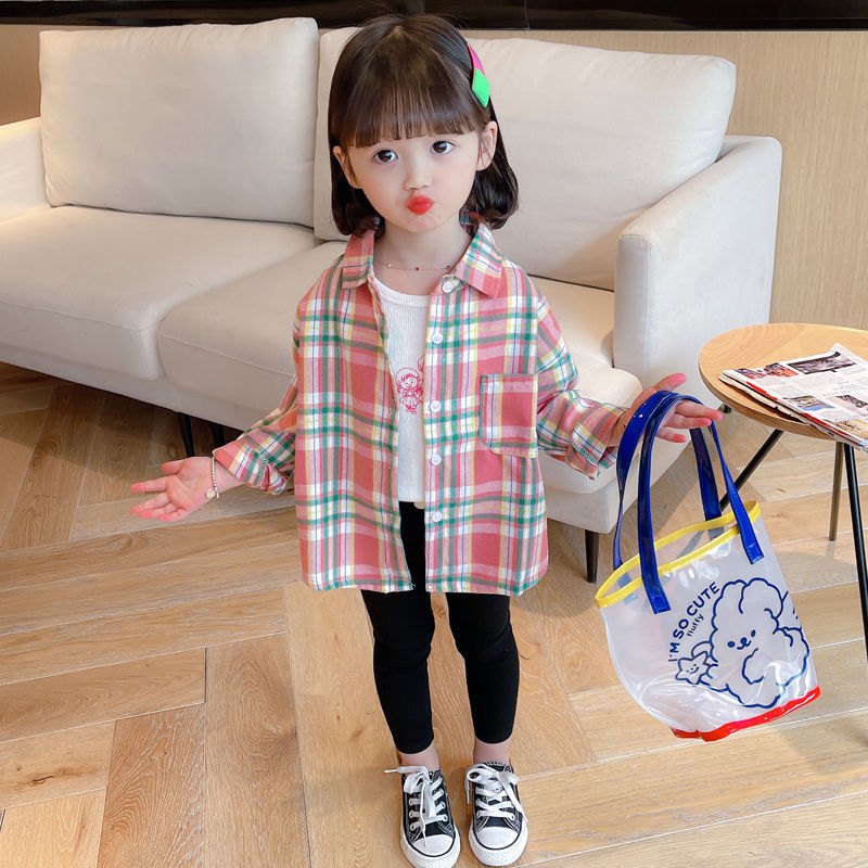 Baby girl long-sleeved shirt foreign style 2023 autumn clothing girls plaid shirt children Korean version top children spring and autumn tide