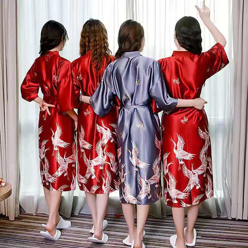Large couple's wedding pajamas female spring and autumn Summer Wedding Bridesmaid Nightgown morning gown ice silk bathrobe sexy home clothes