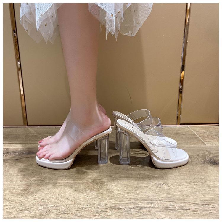 Transparent slippers women wear high heels fairy style 2022 new net red one word crystal thick heel sexy