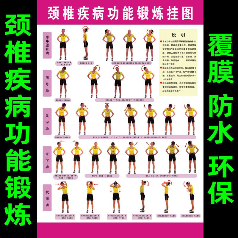 颈椎疾病功能锻炼挂图腰椎间盘突出宣传海报关节炎康复锻炼墙贴画