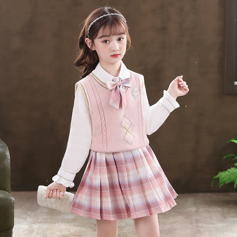 女童秋冬套裝2022新款兒童洋氣jk裙子正版小女孩甜美學院風公主裙