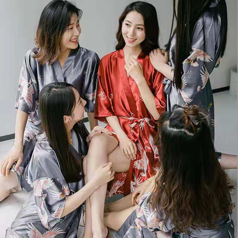 Large couple's wedding pajamas female spring and autumn Summer Wedding Bridesmaid Nightgown morning gown ice silk bathrobe sexy home clothes