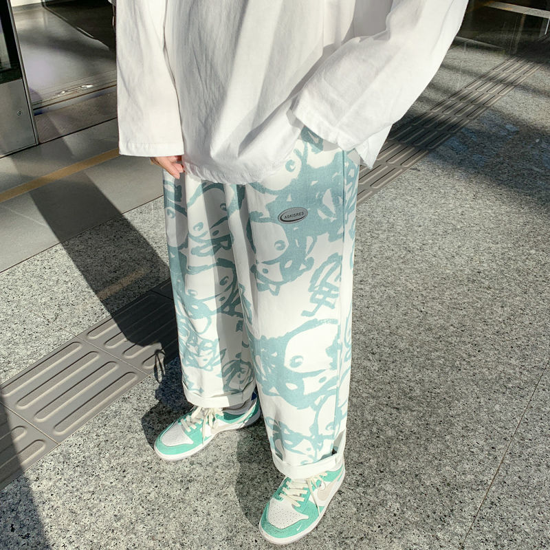 Harajuku style autumn casual pants men and women trend loose straight couple sports pants Hong Kong style thin sweet cool nine-point pants
