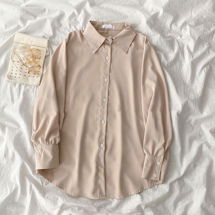 Chiffon shirt women's spring and autumn new Korean style loose women's solid color POLO collar shirt niche bottoming top for women
