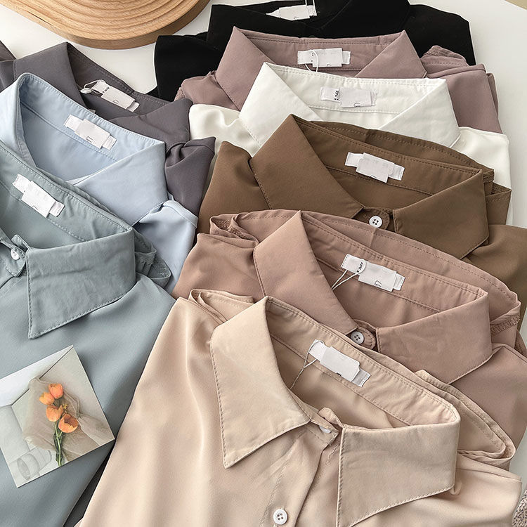 Chiffon shirt women's spring and autumn new Korean style loose women's solid color POLO collar shirt niche bottoming top for women