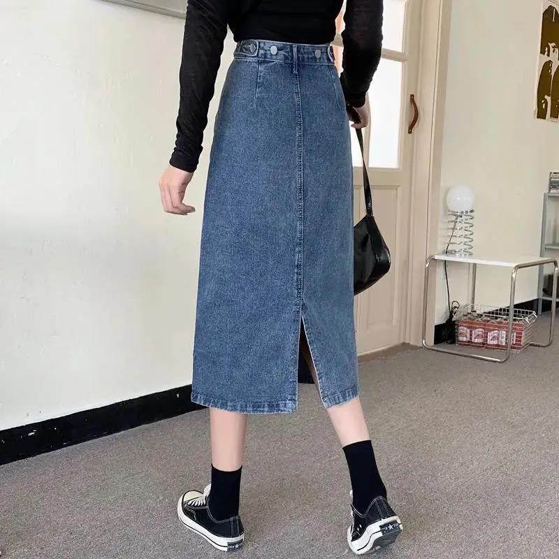 開叉牛仔半身裙女小個子中長款a字裙春秋季新款高腰百搭包臀長裙