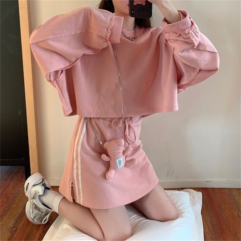 75712-卫衣半身裙两件套秋季2021新款学院风粉色短款无帽宽松长袖上衣女-详情图