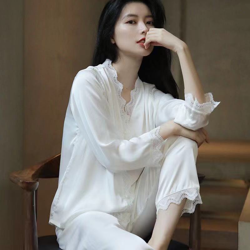 冰絲睡衣女士純色薄長袖兩件套裝春秋夏季蕾絲邊性感冰絲綢家居服