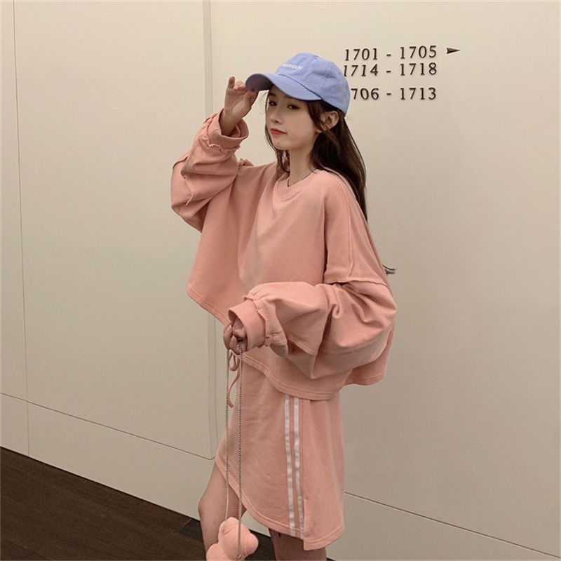 75712-卫衣半身裙两件套秋季2021新款学院风粉色短款无帽宽松长袖上衣女-详情图