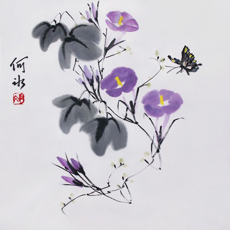 小写意国画喇叭花蝴蝶牵牛花书画手绘装饰画简约挂画无框宣纸画芯
