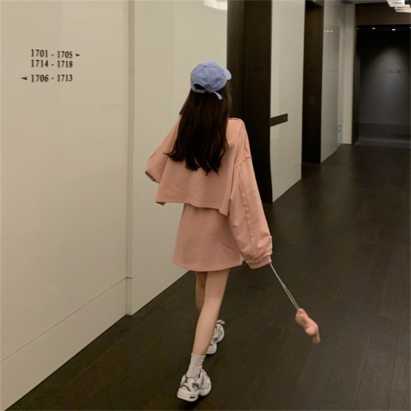 75712-卫衣半身裙两件套秋季2021新款学院风粉色短款无帽宽松长袖上衣女-详情图