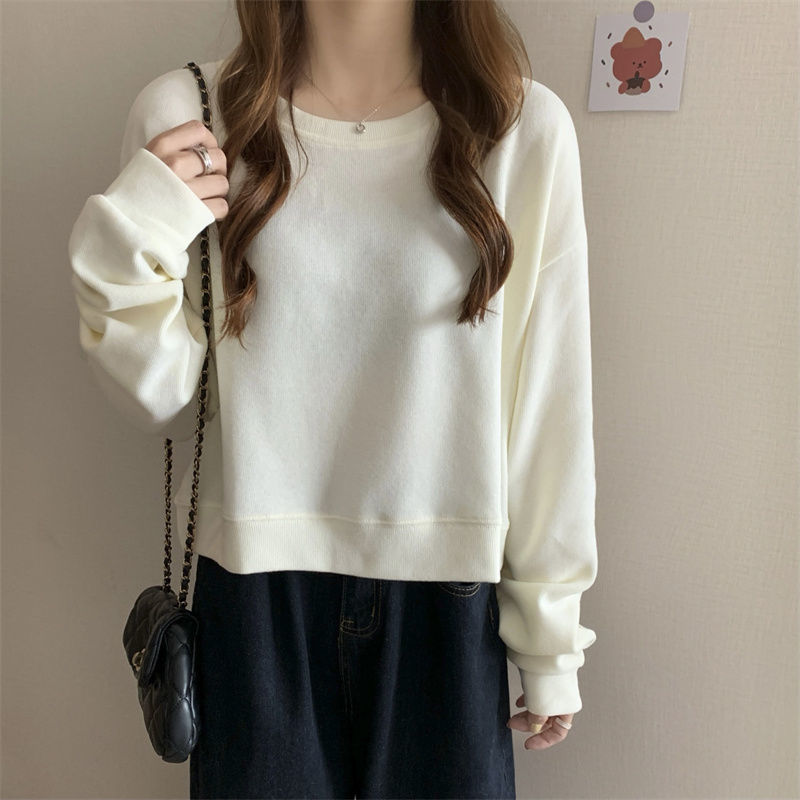 Man Xueyuan round neck sweater women's  spring, autumn and winter plus velvet thick loose solid color Korean version thin salt top