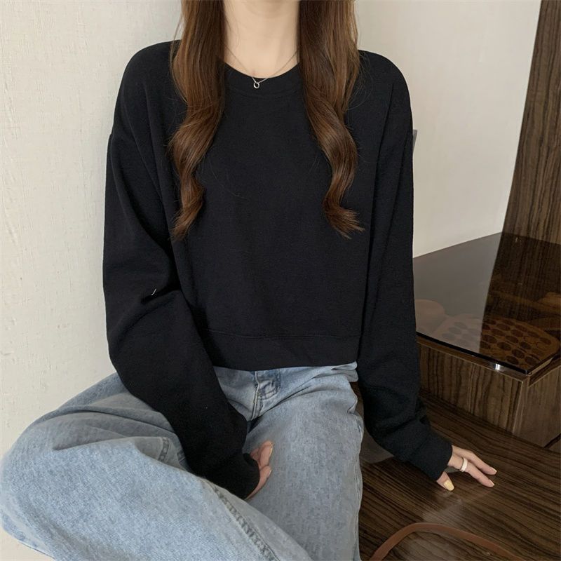 Man Xueyuan round neck sweater women's  spring, autumn and winter plus velvet thick loose solid color Korean version thin salt top