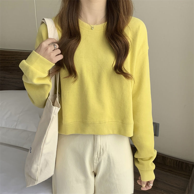 Man Xueyuan round neck sweater women's  spring, autumn and winter plus velvet thick loose solid color Korean version thin salt top