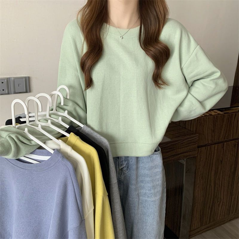 Man Xueyuan round neck sweater women's  spring, autumn and winter plus velvet thick loose solid color Korean version thin salt top