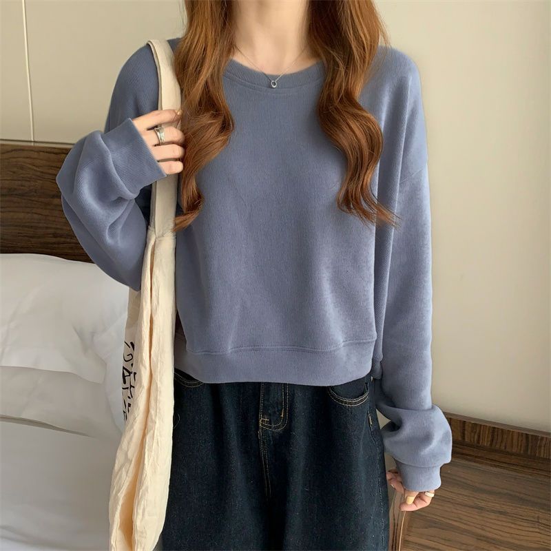 Man Xueyuan round neck sweater women's  spring, autumn and winter plus velvet thick loose solid color Korean version thin salt top