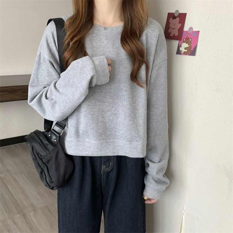 Man Xueyuan round neck sweater women's  spring, autumn and winter plus velvet thick loose solid color Korean version thin salt top