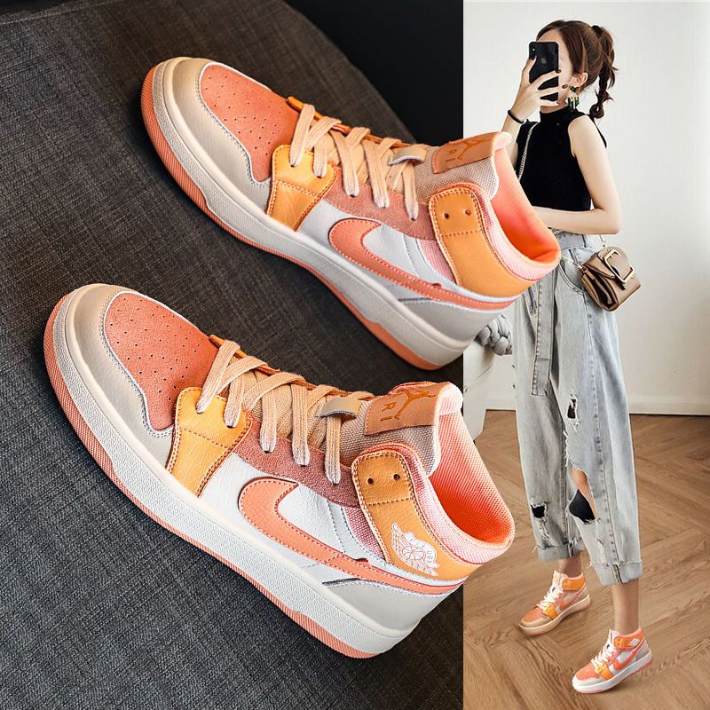 aj女鞋学生高帮鞋2021新款校园秋季薄款拼色百搭真皮休闲运动鞋女