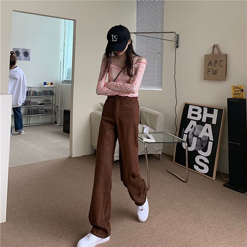 韓版ins秋季新款美式復古高腰直筒牛仔褲女寬鬆顯瘦闊腿拖地長褲