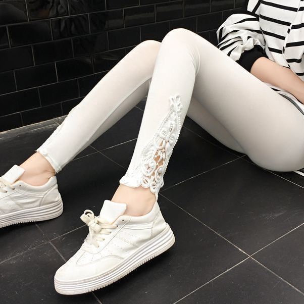 New spring and autumn trousers embroidered 99 points leggings women's outerwear thin section summer high waist large size elastic small feet long trousers