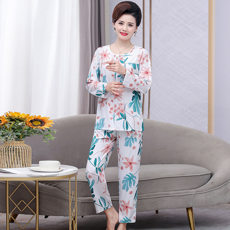 Cotton silk pajamas women's middle-aged and elderly mothers wear long-sleeved trousers home service two-piece artificial cotton loose large-size pajamas