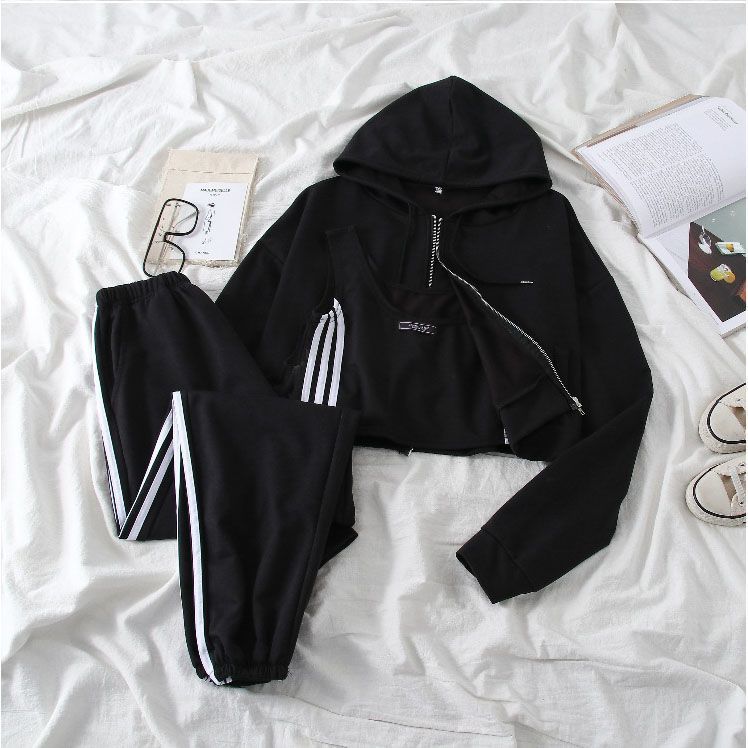 2023 spring and autumn new casual sports suit female student Korean version hooded sweater jacket vest sweatpants female