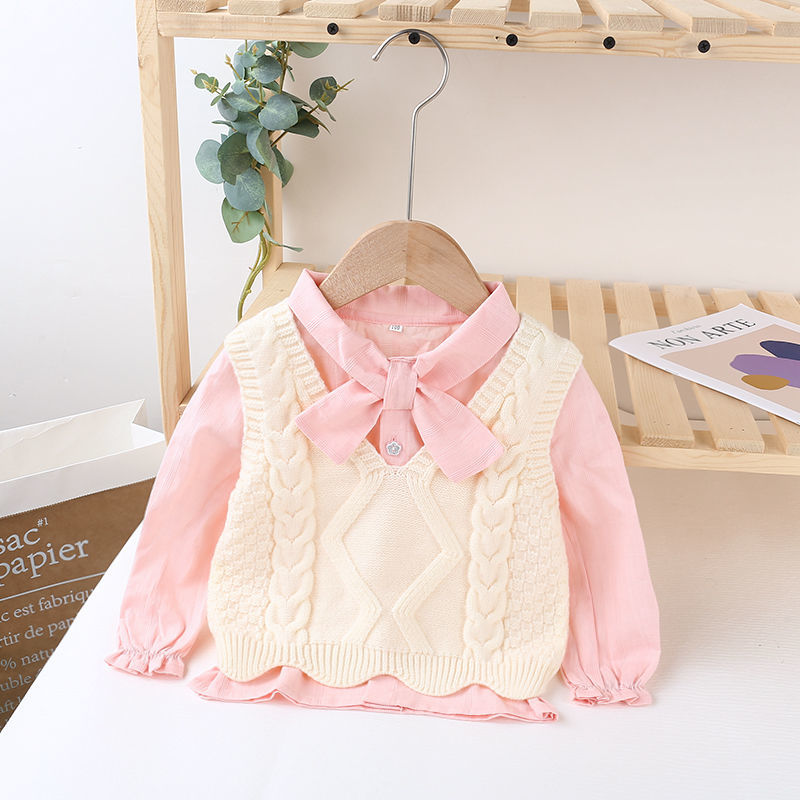 Girls' sweater vest two piece set spring and autumn new style foreign style fashion solid color baby cotton shirt + knitted sweater