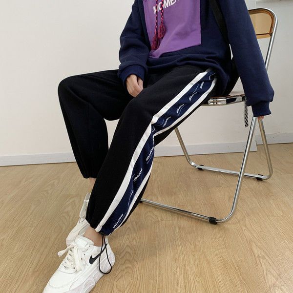 75715-休闲运动裤女春秋灰色束脚裤子学生韩版宽松显瘦九分裤直筒阔腿裤-详情图