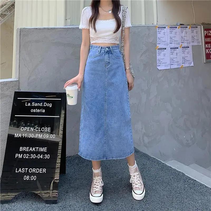 高腰開叉半身裙小個子四季款裙子女春腰圍可調節小眾a字牛仔裙子