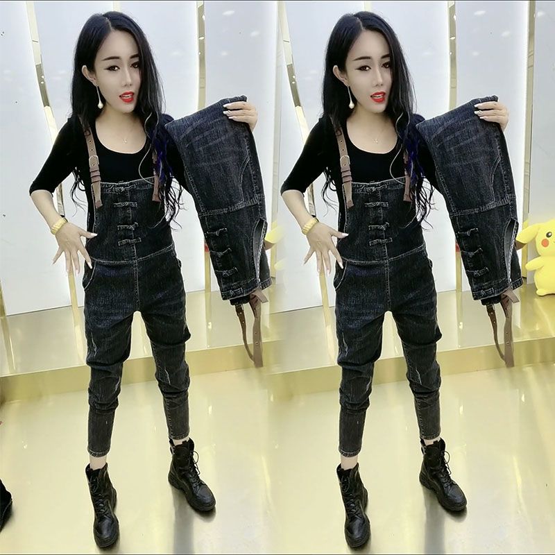 Age-reducing denim overalls women's spring and autumn Korean version  new loose and thin Chinese style buckle harem jumpsuit