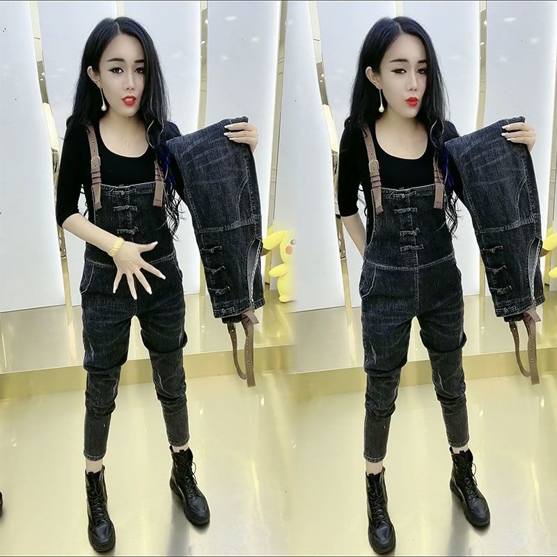 Age-reducing denim overalls women's spring and autumn Korean version  new loose and thin Chinese style buckle harem jumpsuit