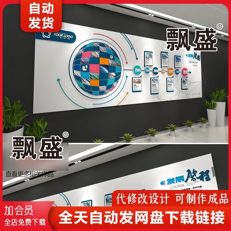 企业文化墙形象墙宣传栏公司发展历程cdr ai 效果图 素材模板