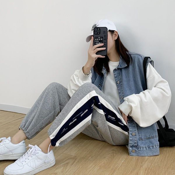 75715-休闲运动裤女春秋灰色束脚裤子学生韩版宽松显瘦九分裤直筒阔腿裤-详情图