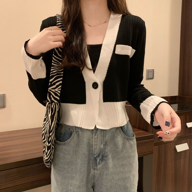 Early autumn long-sleeved knitted sweater thin section  new V-neck with striped loose top women's cardigan jacket