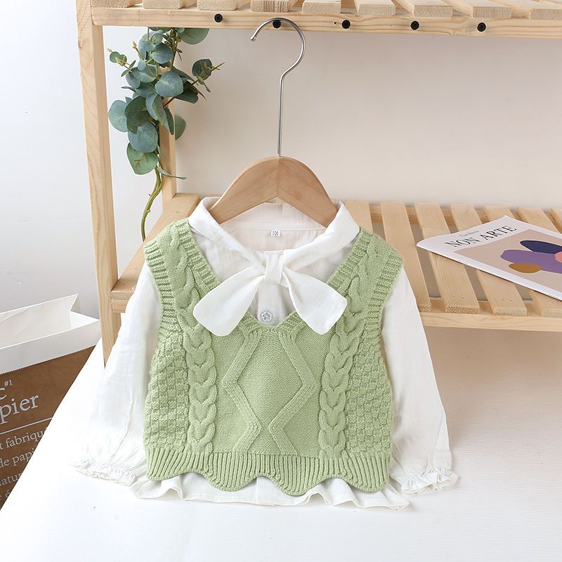 Girls' sweater vest two piece set spring and autumn new style foreign style fashion solid color baby cotton shirt + knitted sweater