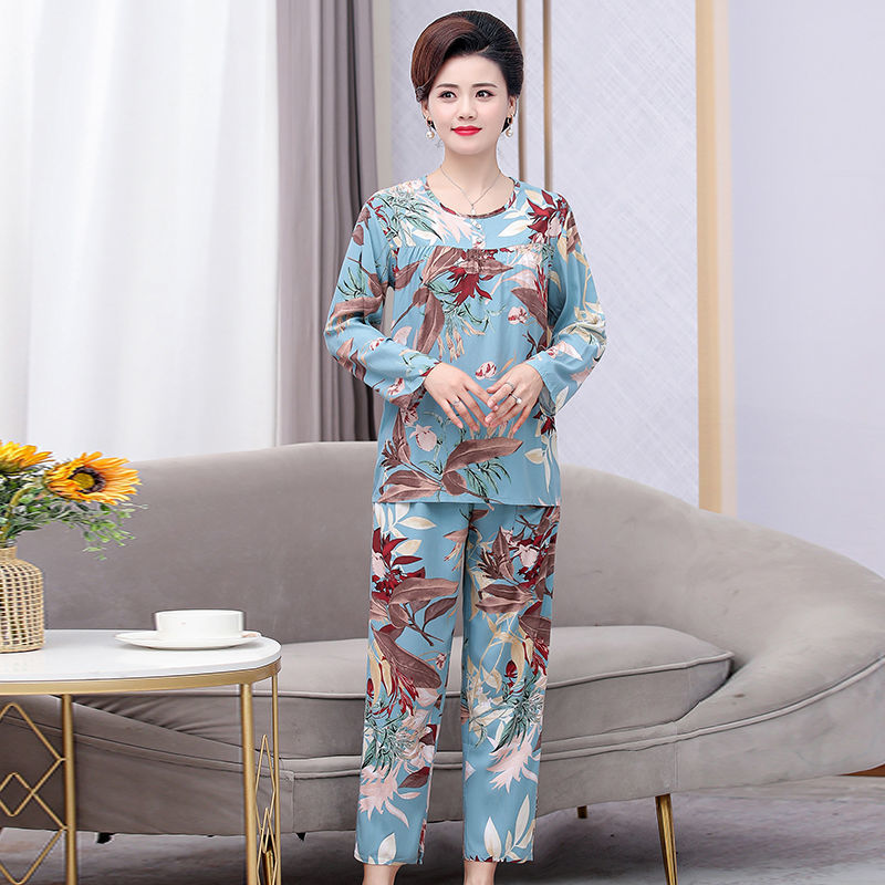 Cotton silk pajamas women's middle-aged and elderly mothers wear long-sleeved trousers home service two-piece artificial cotton loose large-size pajamas