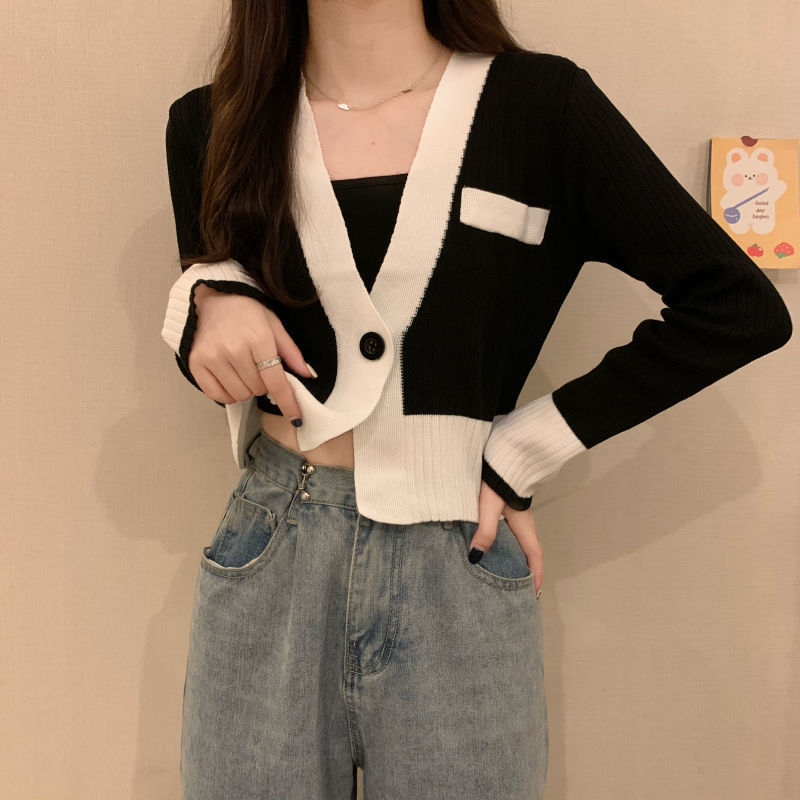Early autumn long-sleeved knitted sweater thin section  new V-neck with striped loose top women's cardigan jacket