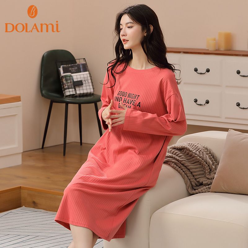 多拉美睡裙女秋冬纯棉长袖休闲简约中长款睡衣可外穿春女士家居服