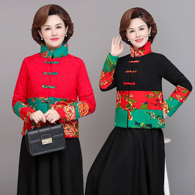 Cotton and linen spliced ​​short cotton-padded jacket, new ethnic style women's spliced ​​short cotton-padded coat, retro stand-up collar jacquard Chinese-style cotton-padded jacket