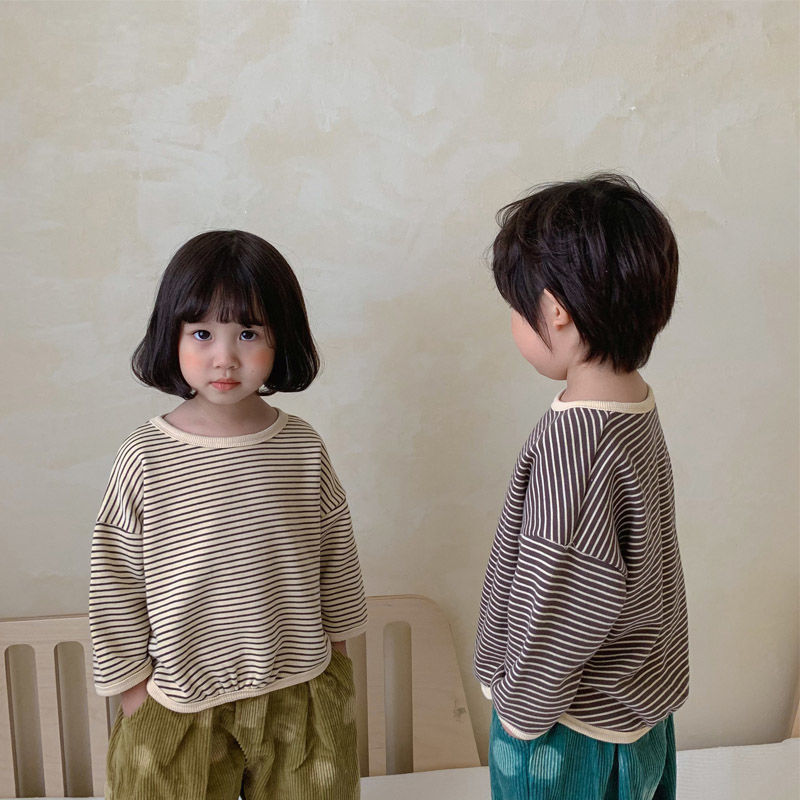 韩国童装儿童纯棉卫衣男女童春秋款条纹圆领T恤宝宝韩系套头上衣