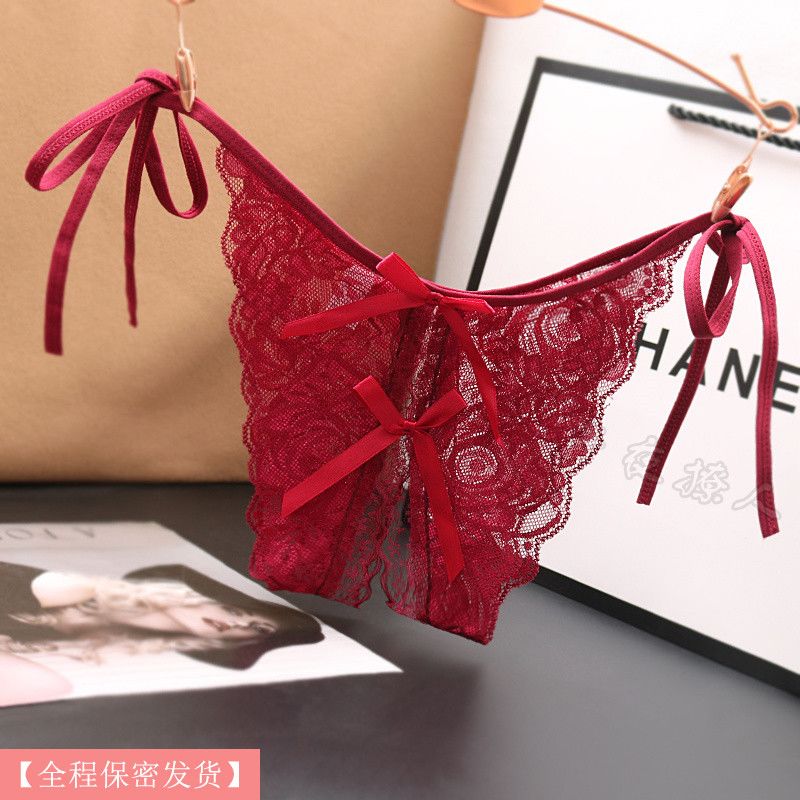 性感系带开档丁字裤t裤女士内裤透明 低腰大码情趣蕾丝边绑带内裤