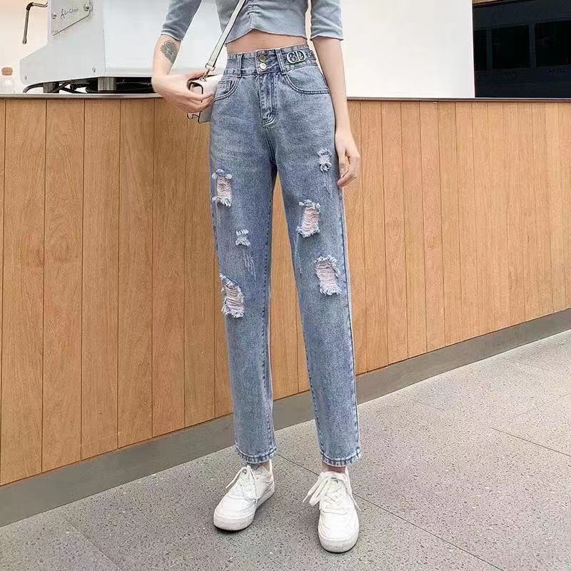 破洞牛仔褲女2023春秋新款韓版寬鬆高腰顯瘦直筒哈倫蘿蔔老爹褲子