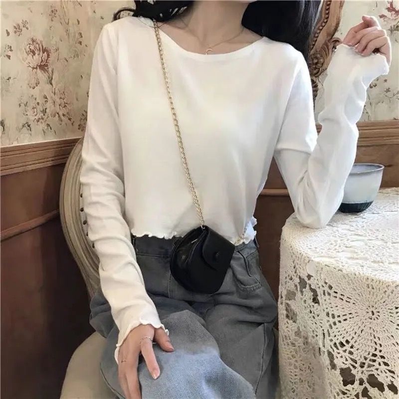 Ins super hot short T-shirt for women in spring, autumn and winter, high-waisted long-sleeved bottoming shirt, Korean style trendy navel-baring loose top