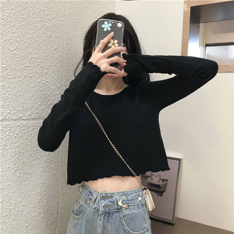 Ins super hot short T-shirt for women in spring, autumn and winter, high-waisted long-sleeved bottoming shirt, Korean style trendy navel-baring loose top