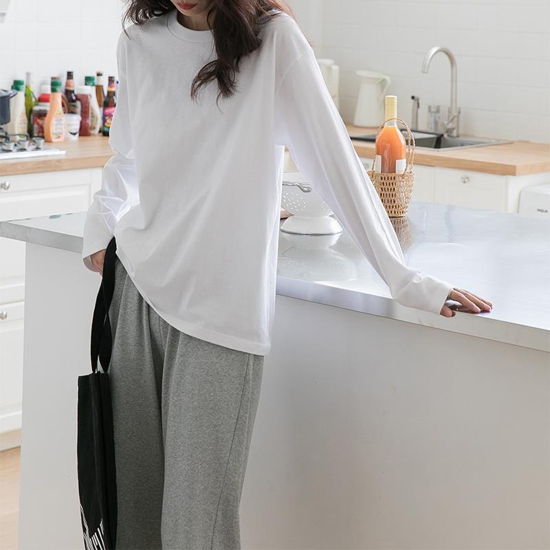 77049-2021宽松大码女款早春秋季韩版内百搭纯棉白色t圆领T恤长袖打底衫【9月28日发完】-详情图