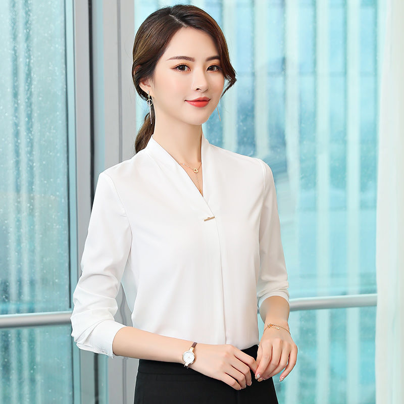 初秋V領白色襯衫女長袖職業正裝上衣時尚氣質ol襯衣上班族工作服