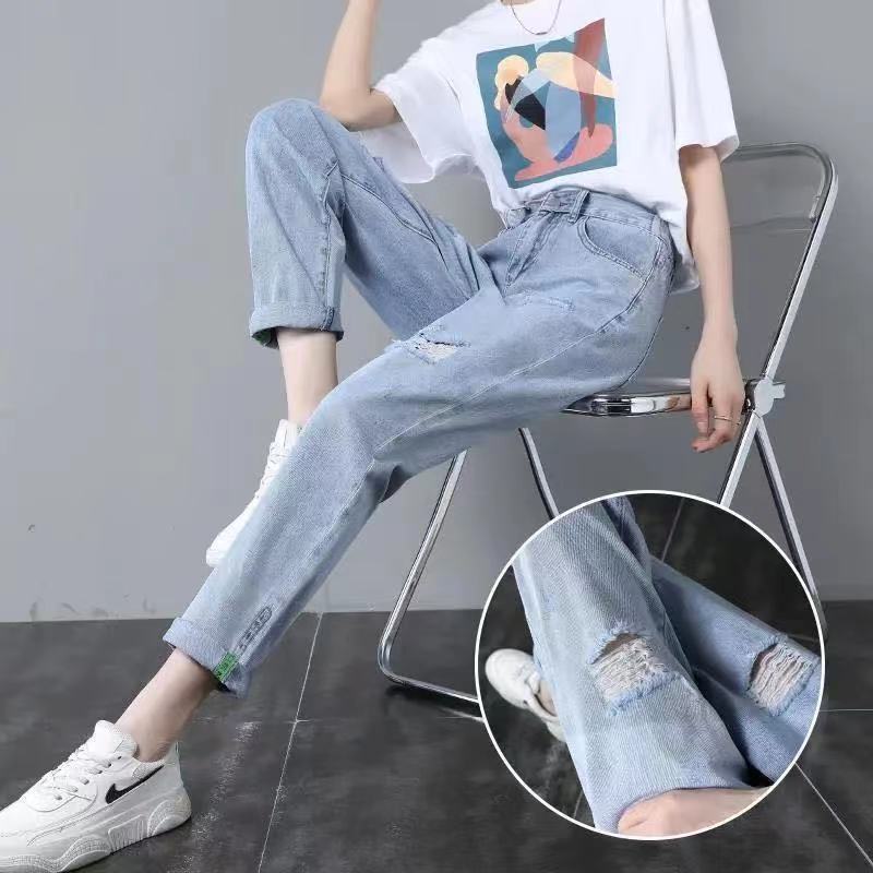 鬆緊高腰破洞牛仔褲女學生2023春秋新款寬鬆顯瘦哈倫蘿蔔老爹女褲