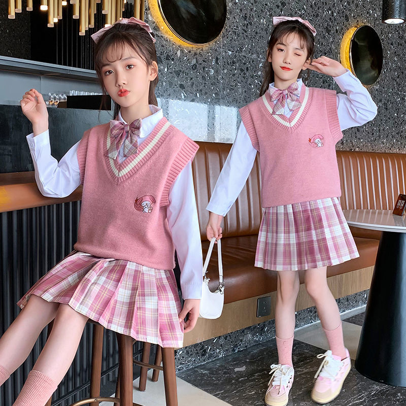 女童JK制服套裝春裝2023新款洋氣中大童兒童襯衫馬甲百褶裙三件套